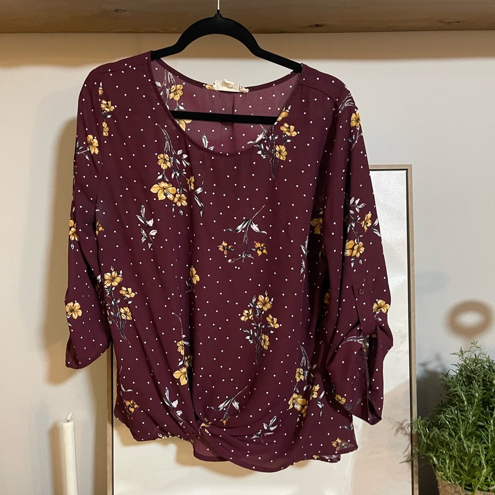 Pink Republic Burgundy Floral Blouse With Knot Front And polka dot